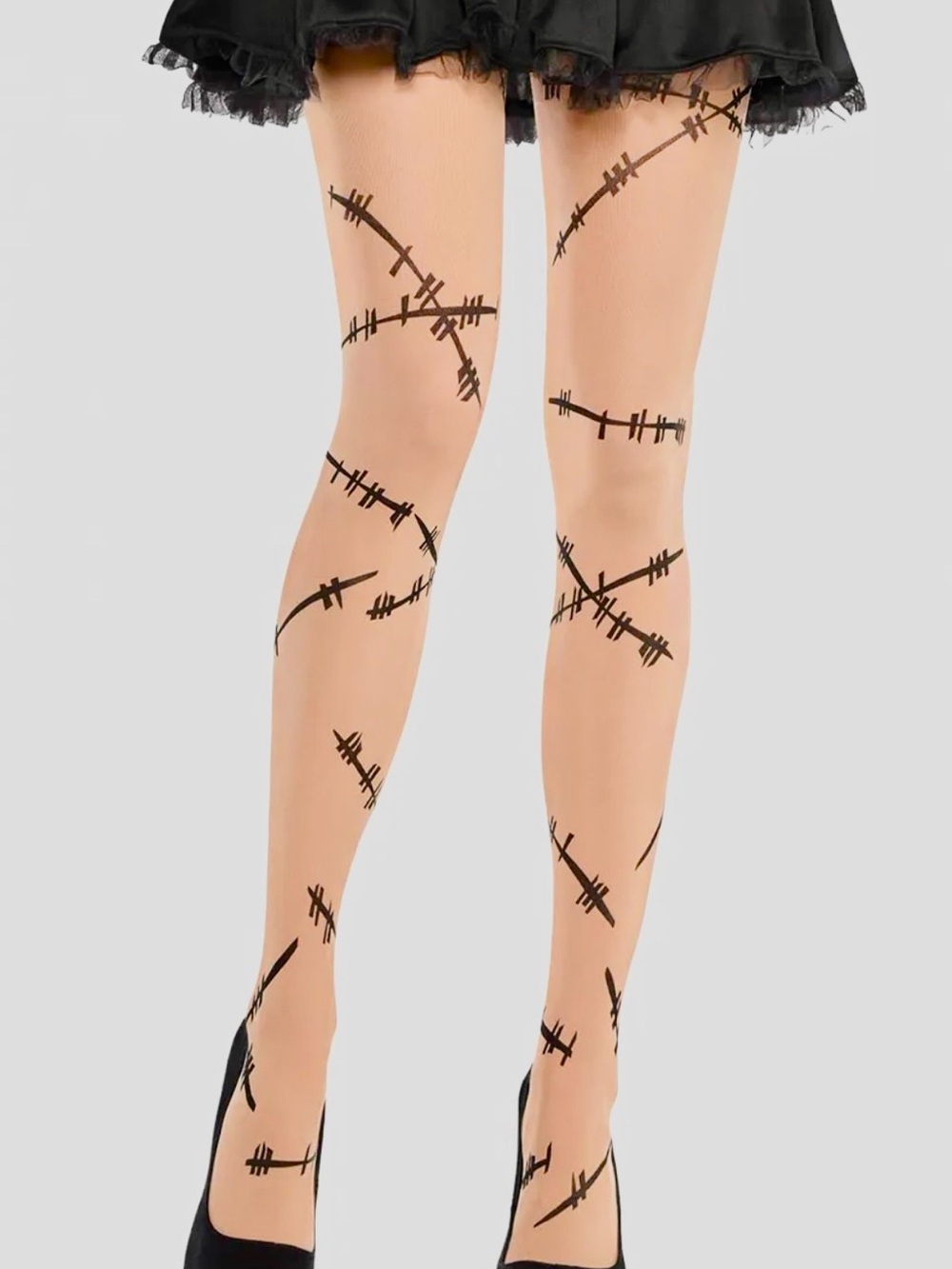 Black Barbed Wire Pattern Sheer Tights - Nude/Black